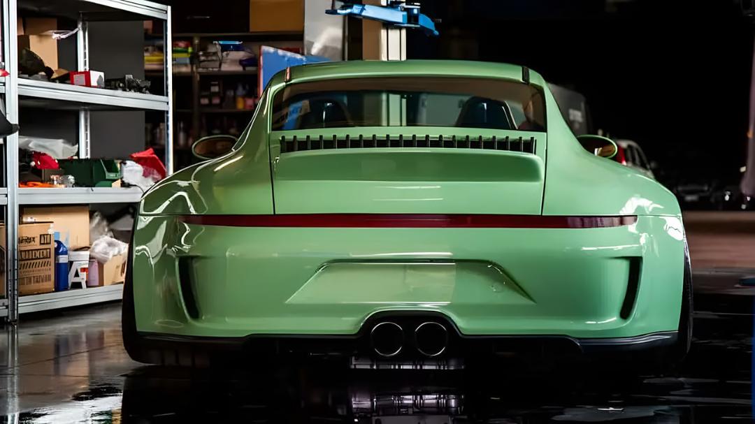 نمای عقب خودروی پورشه 911 (Porsche 911) با رنگ سبز مات در کارگاه