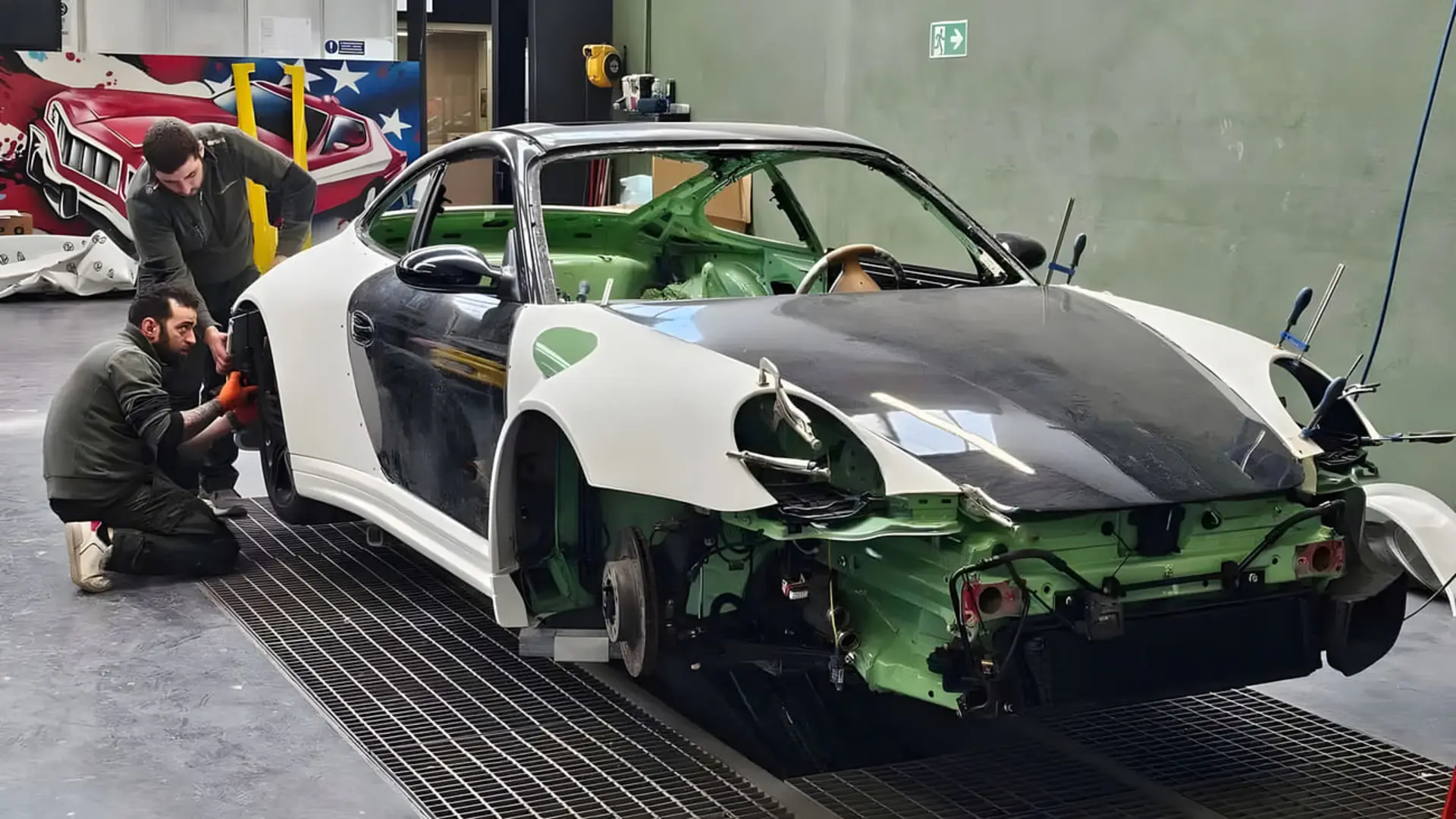 خودروی پورشه 911 (Porsche 911) در حال بازسازی و تیونینگ در کارگاه