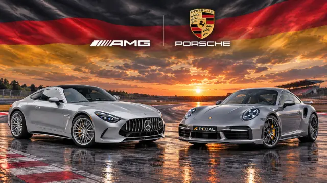 خودروهای پورشه 911 (Porsche 911) و مرسدس AMG GT در پیست مسابقه