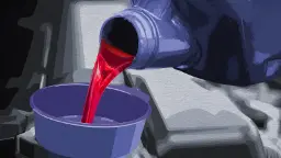 روغن گیربکس قرمز رنگ در حال ریختن از بطری به ظرف پلاستیکی