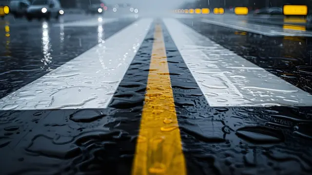 خطوط سفید و زرد رنگ روی آسفالت خیس و بارانی جاده