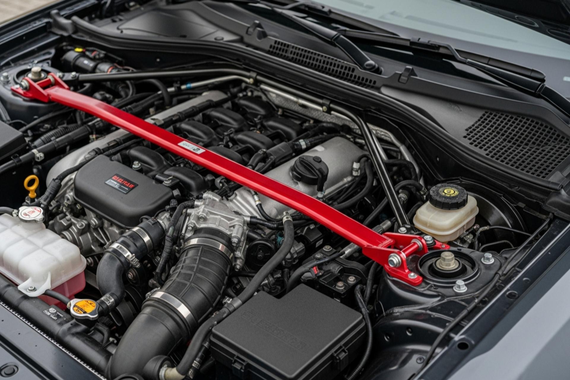 نصب استرس بار قرمز رنگ روی کمک فنر خودروی اسپرت