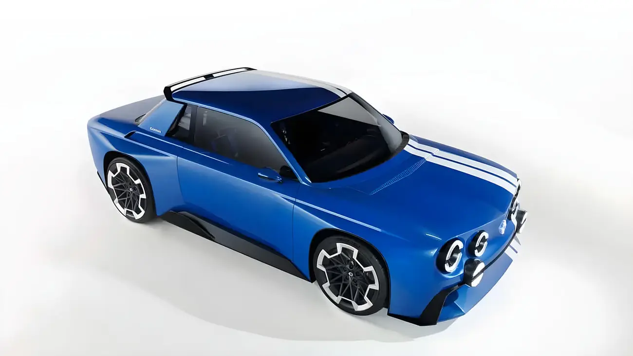 خودروی کلاسیک رنو ۸ گوردینی (Renault 8 Gordini) با رنگ آبی و خطوط سفید