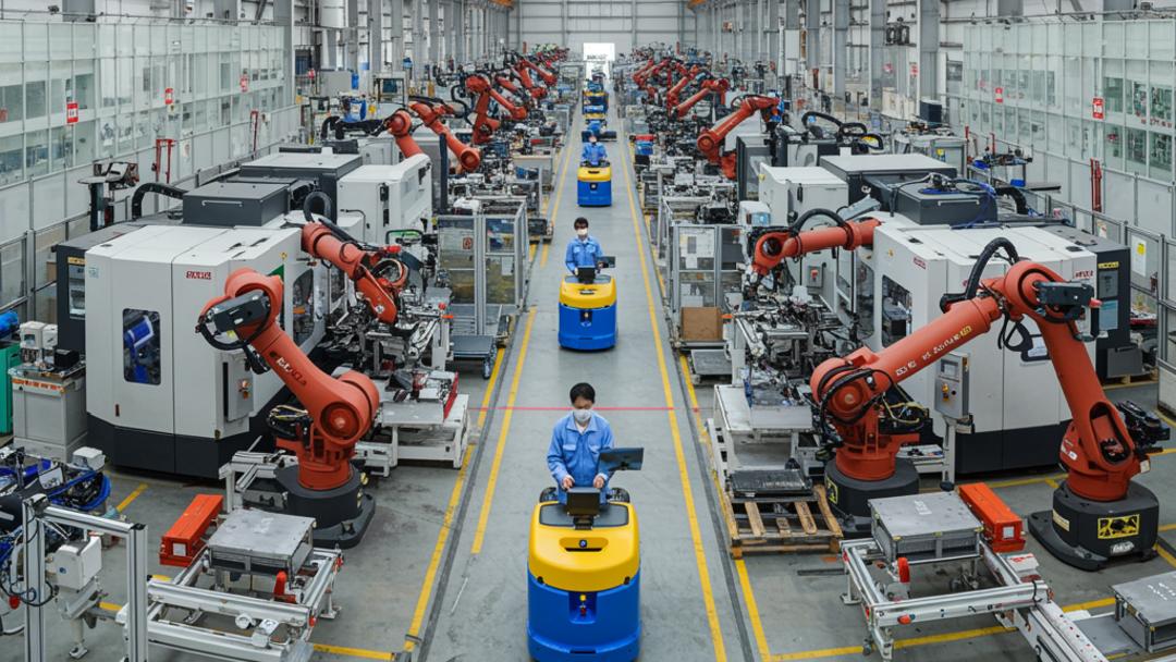 بازوهای رباتیک صنعتی (Industrial Robots) در حال کار در یک خط تولید خودکار