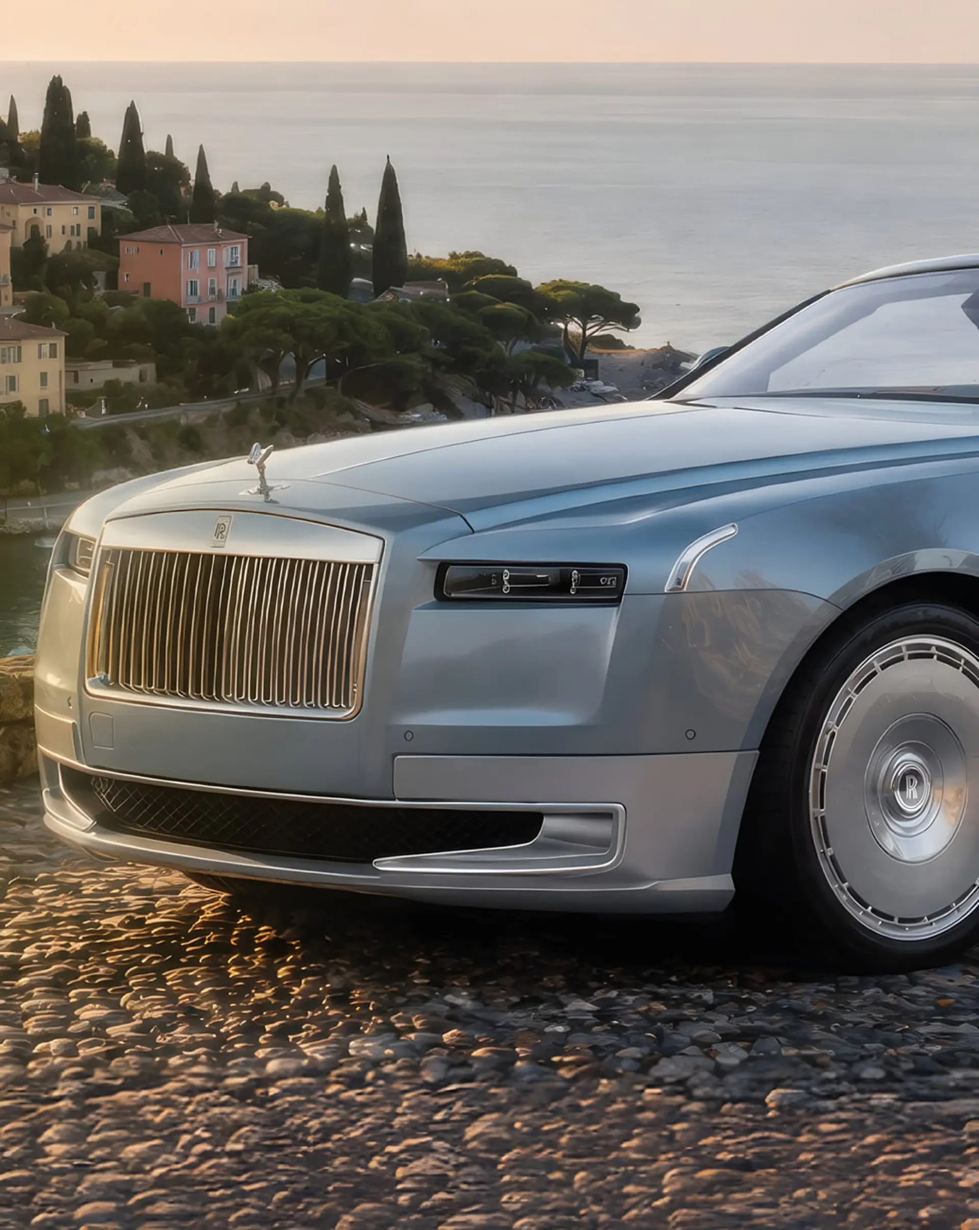 رولزرویس وسپایر سولِی (Rolls-Royce Spectre) در جاده‌ای ساحلی با منظره دریا