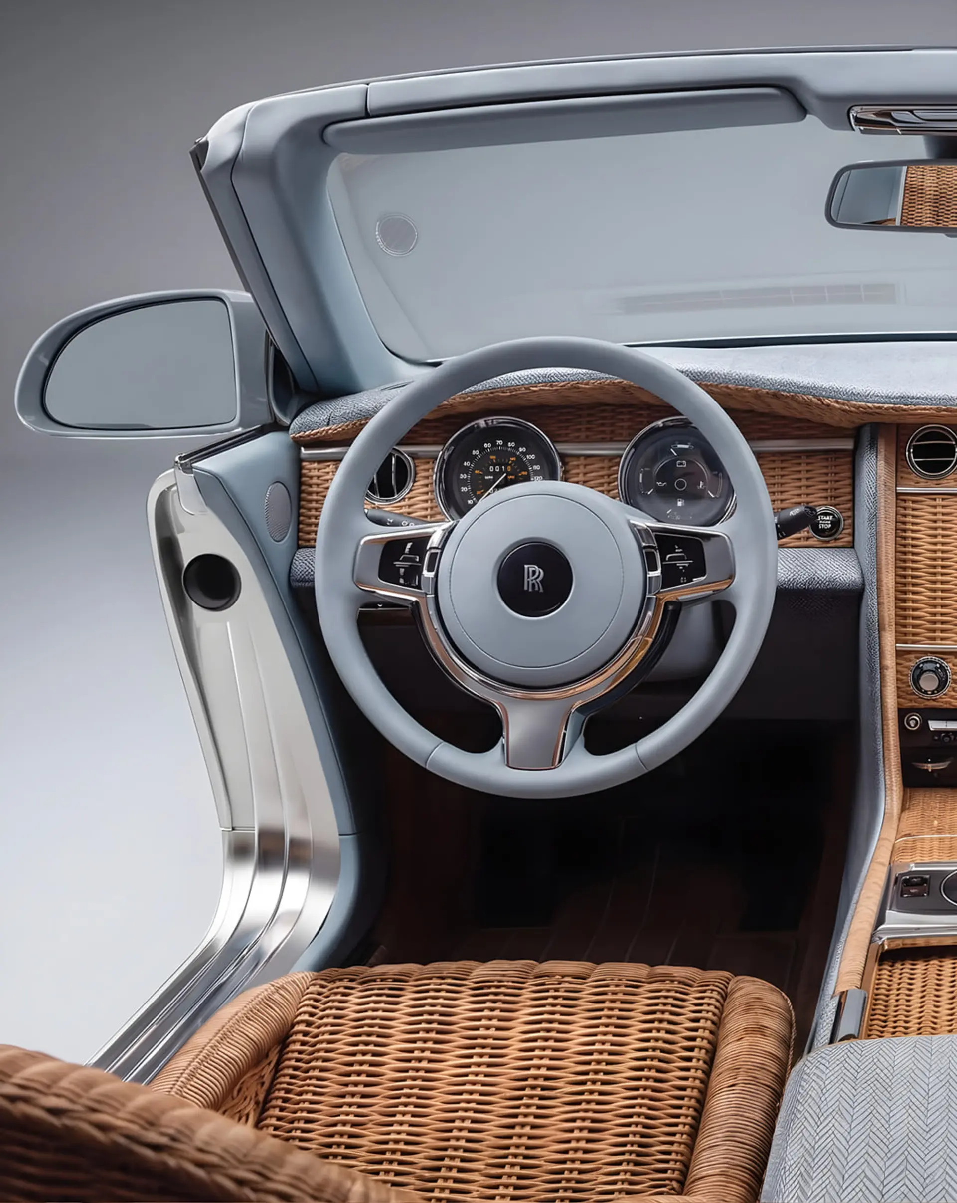 کابین خودروی رولزرویس (Rolls-Royce) وسپایر سولِی با طراحی کلاسیک و چیدمان چیدمان حصیر بافتنی