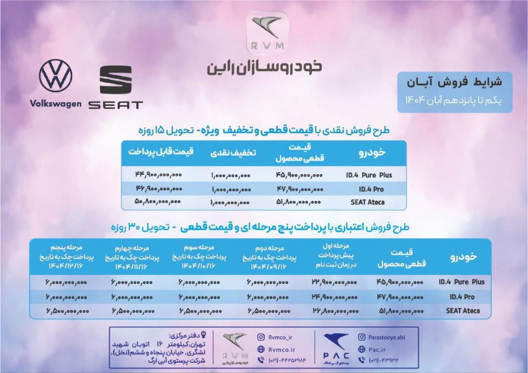 شرایط فروش سئات و فولکس برقی خودروسازان راین آبان 1404