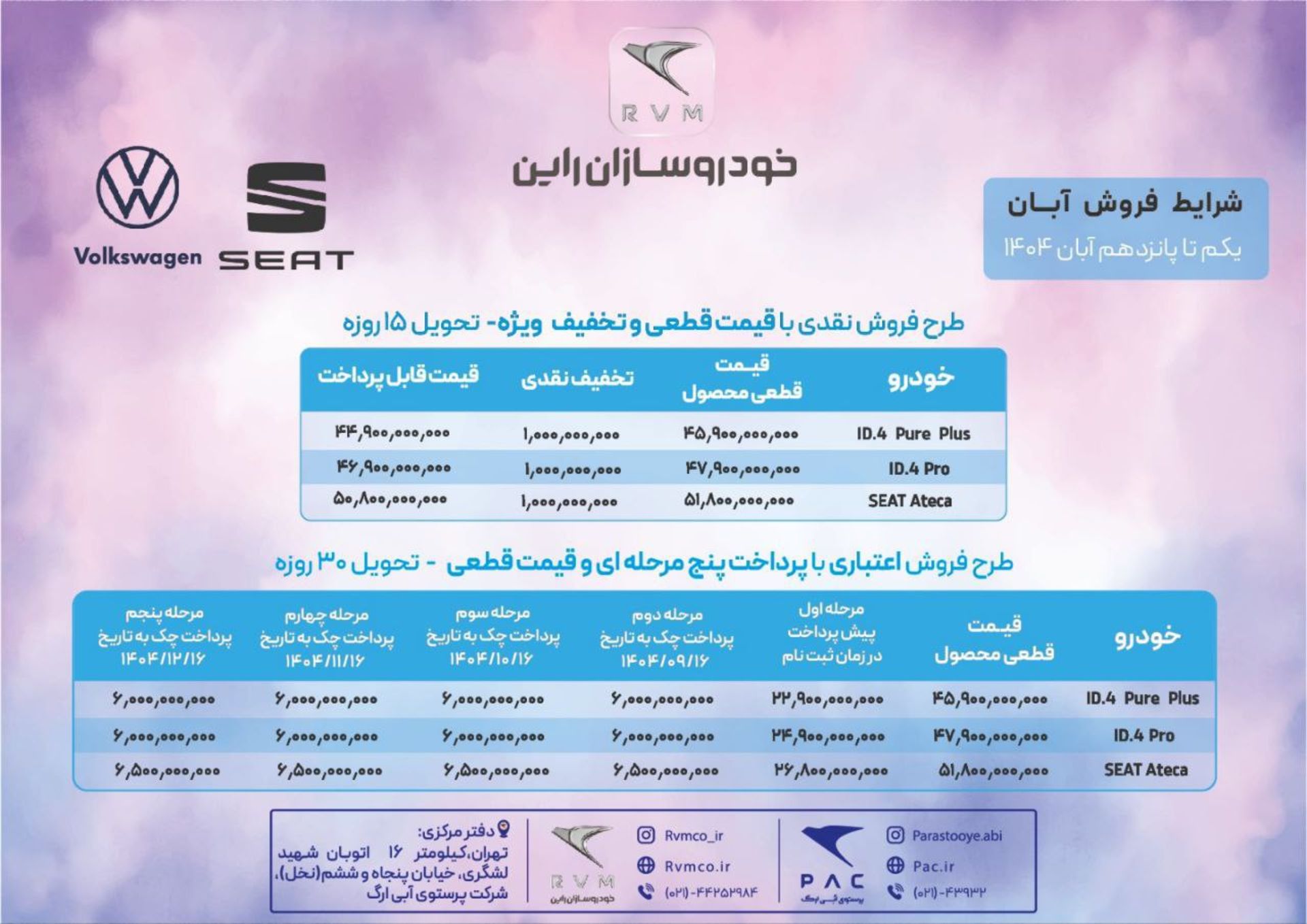 شرایط فروش سئات و فولکس برقی خودروسازان راین آبان 1404