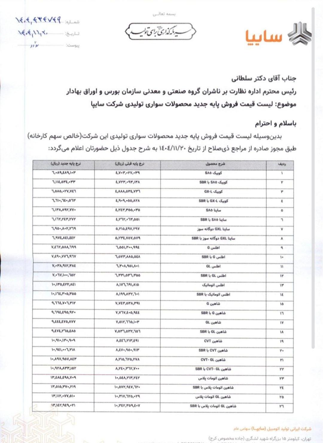 قیمت جدید محصولات سایپا - بهمن 1404 - 1