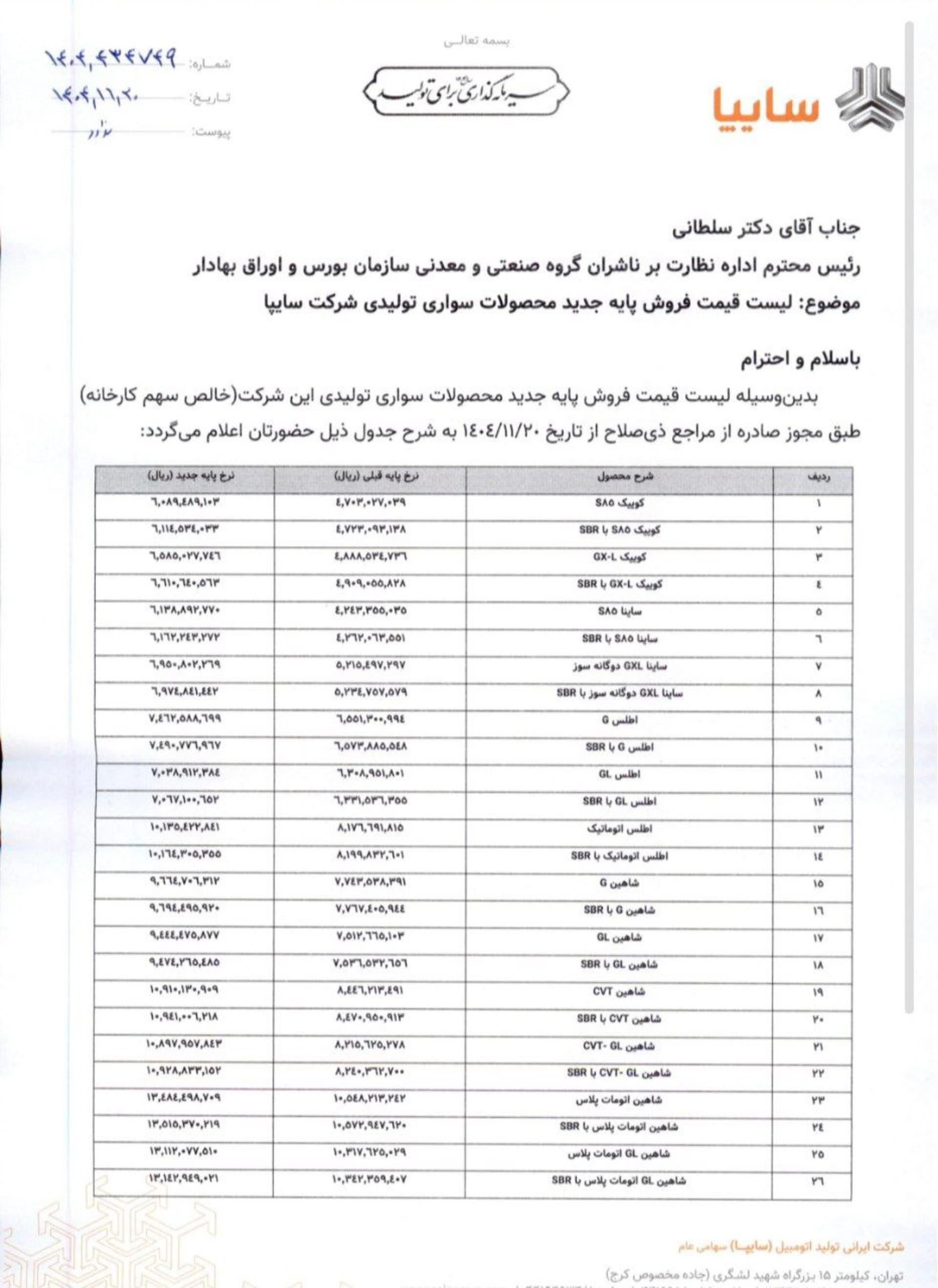 قیمت جدید محصولات سایپا - بهمن 1404 - 1