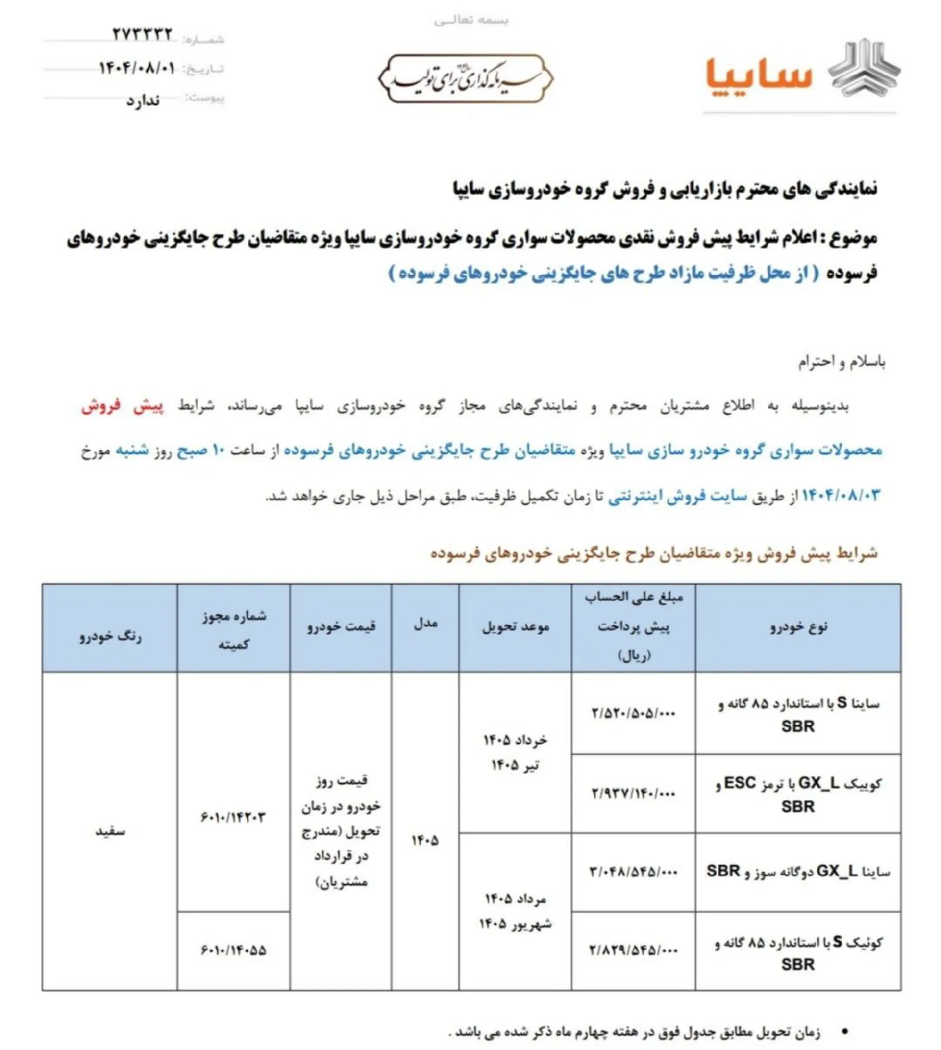 شرایط پیش فروش محصولات سایپا ویژه جایگزینی خودورهای فرسوده آبان 1404