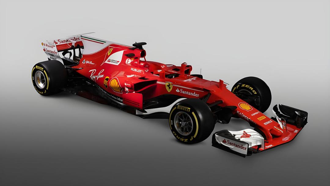ماشین مسابقه‌ای اسکارسا فراری (Scuderia Ferrari) با رنگ قرمز و اسپانسرها