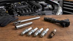شمع‌های خودرو در کنار یک کوئل (Ignition Coil) و ابزار تعمیرات