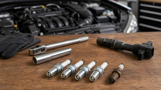 شمع‌های خودرو در کنار یک کوئل (Ignition Coil) و ابزار تعمیرات