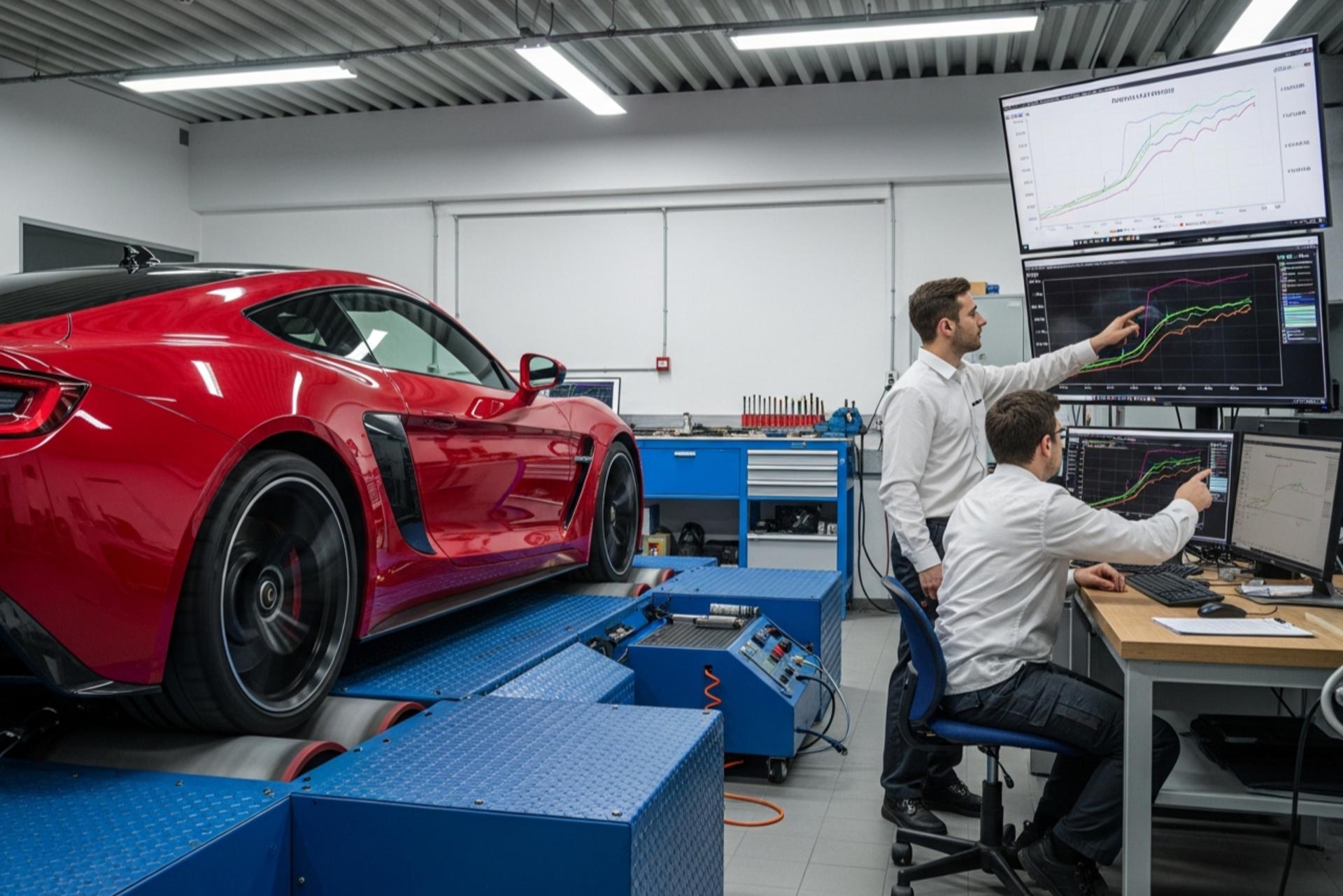 تست قدرت یک خودروی اسپرت روی دستگاه داینومتر