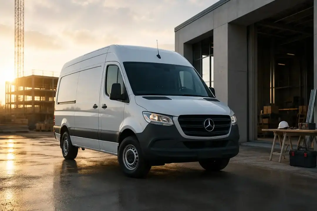 ون سفید مرسدس بنز (Mercedes-Benz) اسپریتِر در محوطه یک کارگاه ساختمانی