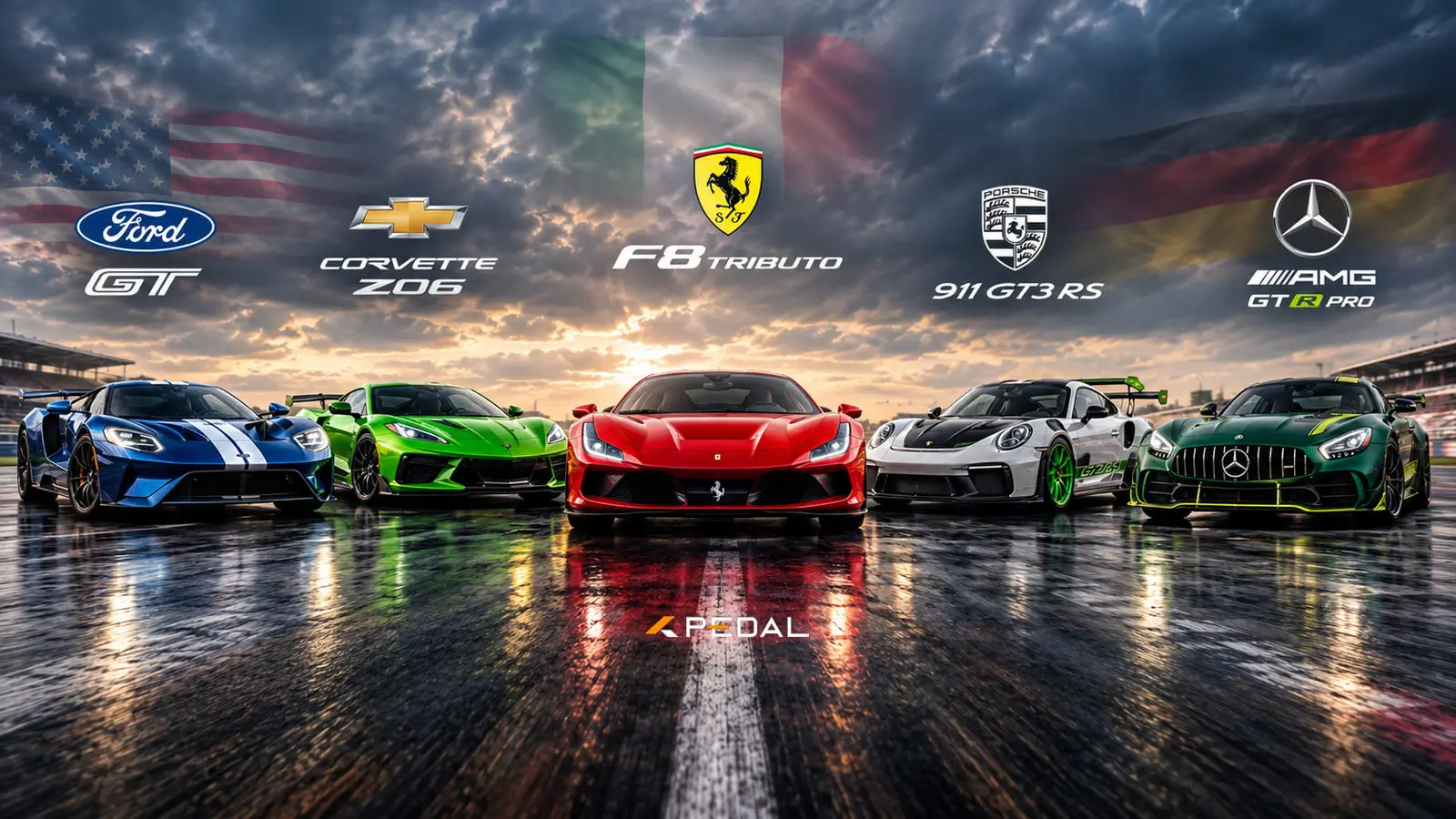 خودروهای فورد GT، کوروت Z06، فراری F8 Tributo، پورشه 911 GT3 RS و مرسدس AMG GT R Pro در پیست مسابقه