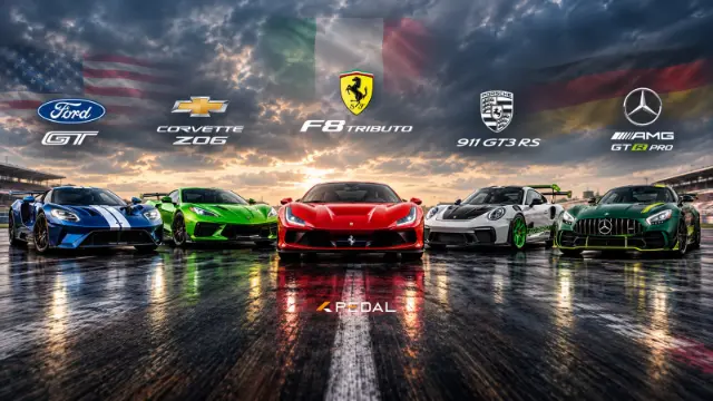 خودروهای فورد GT، کوروت Z06، فراری F8 Tributo، پورشه 911 GT3 RS و مرسدس AMG GT R Pro در پیست مسابقه