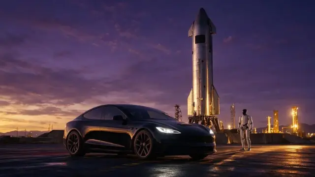 خودرو تسلا (Tesla) در کنار موشک استارشیپ (Starship) در هنگام غروب