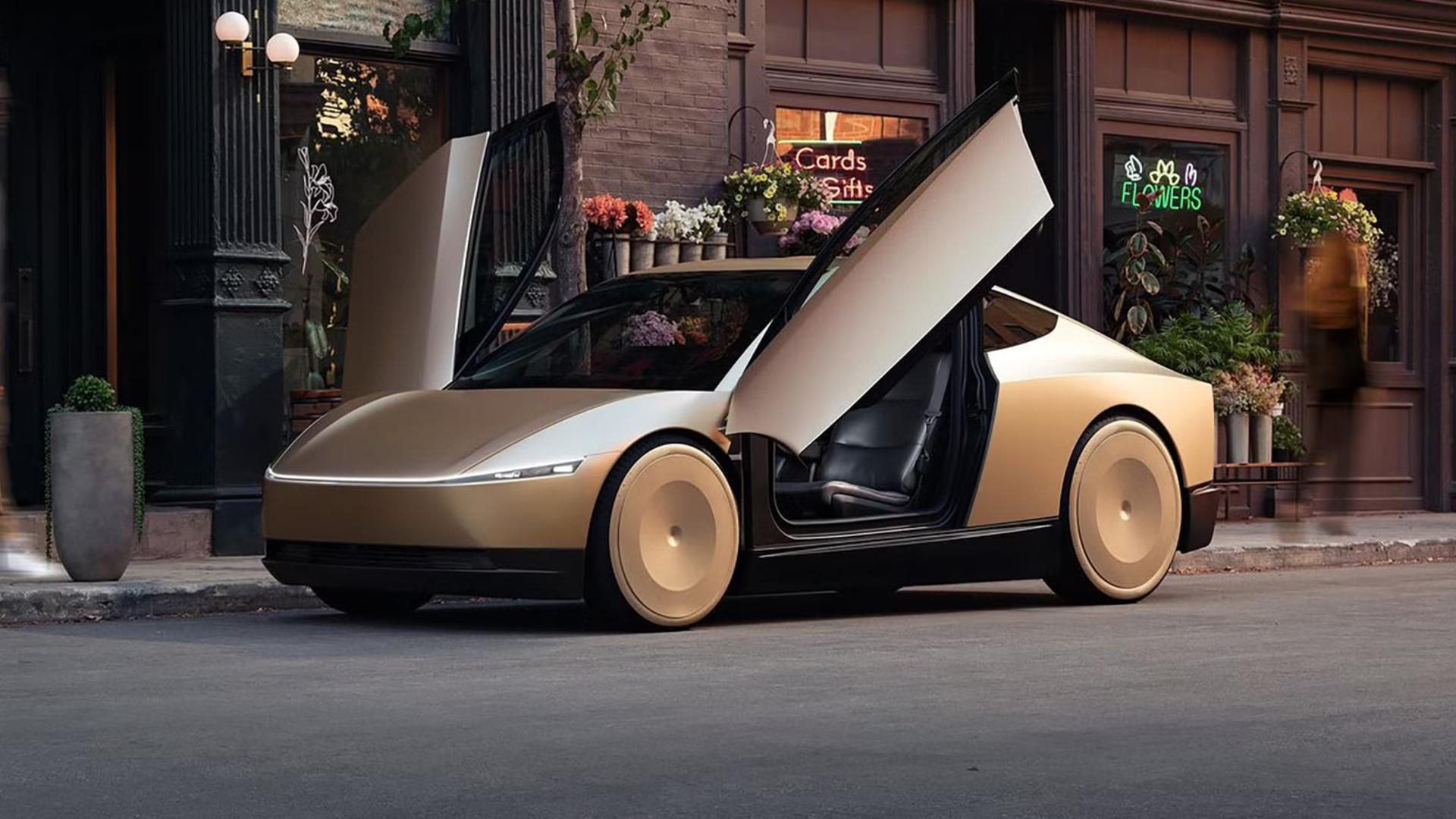 خودرو تسلا سایبرکب (Tesla Cybercab) با درب‌های باز در خیابان