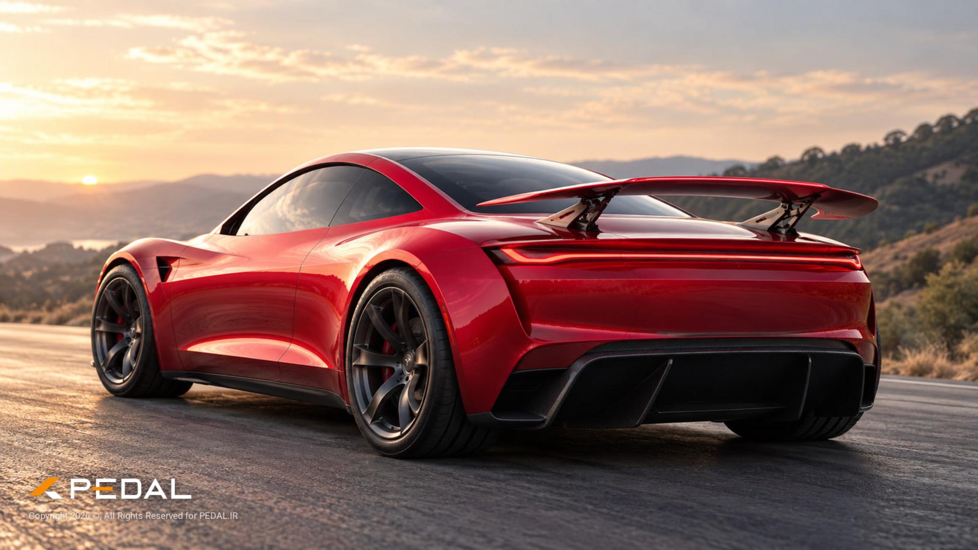 باله متحرک و سیستم آیرودینامیکی خودروی تسلا (Tesla) رودستر در هنگام غروب