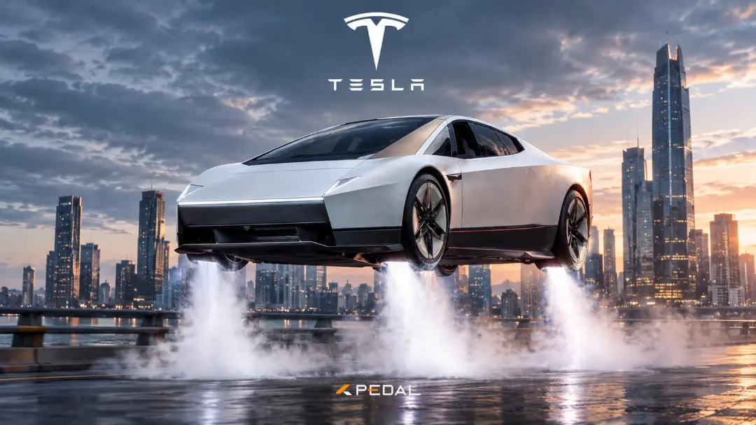 خودروی تسلا رودستر (Tesla Roadster) در حال پرواز بر فراز جاده با افکت‌های دود و بخار