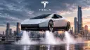 خودروی تسلا رودستر (Tesla Roadster) در حال پرواز بر فراز جاده با افکت‌های دود و بخار