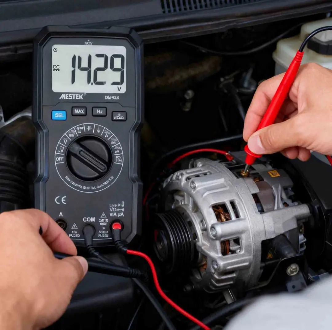مولتی‌متر (Multimeter) دیجیتال در حال اندازه‌گیری ولتاژ دینام خودرو