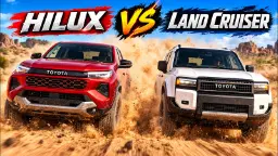 تویوتا هایلوکس (Toyota Hilux) قرمز و لندکروزر (Land Cruiser) سفید در حال حرکت در مسیر آفرود