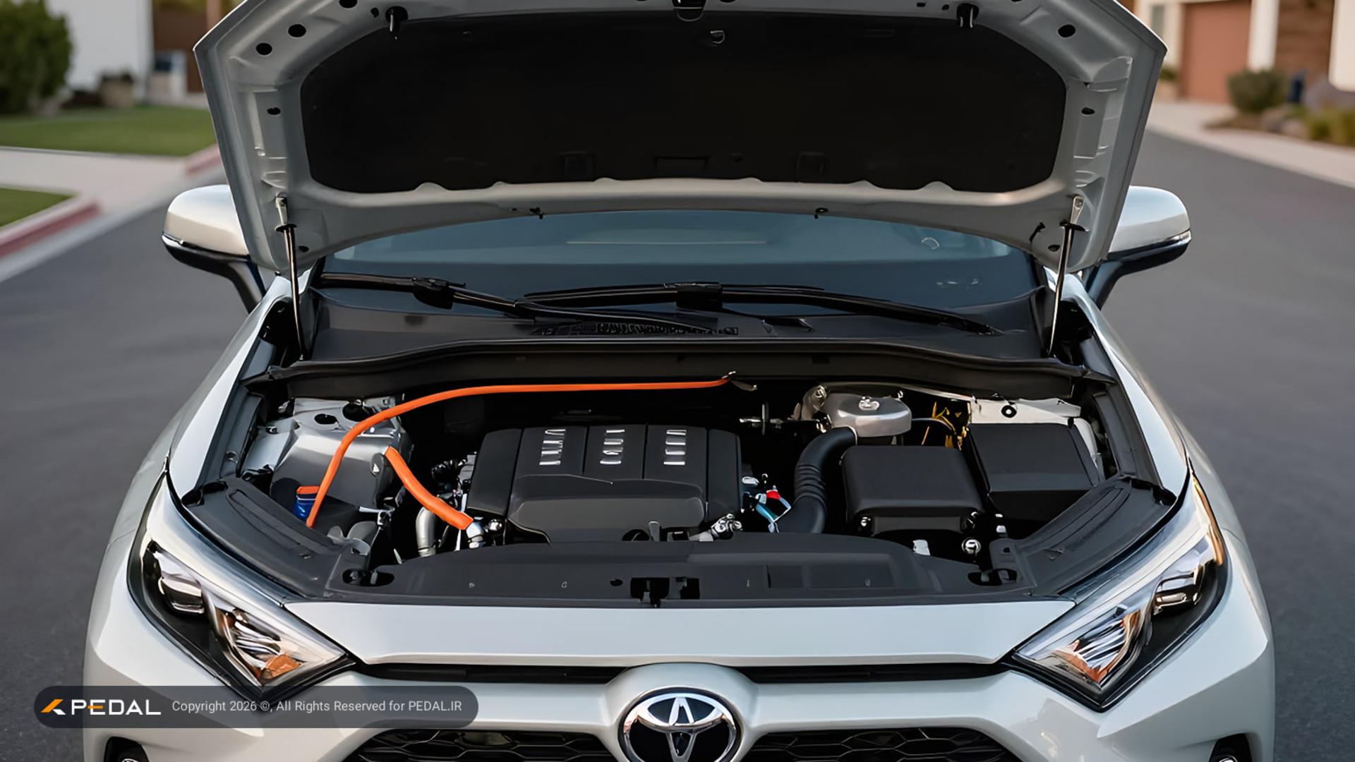 موتور و قطعات سیستم هیبریدی خودروی تویوتا (Toyota) با کابل‌های نارنجی