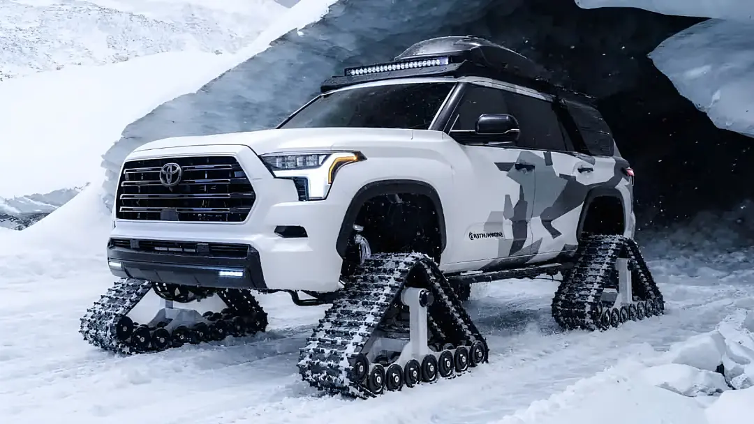 تویوتا (Toyota) مجهز به زنجیرهای مخصوص برف‌نوردی در محیط کوهستانی