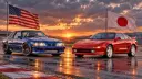 خودروهای تویوتا (Toyota) قرمز و فورد موستانگ (Ford Mustang) آبی در پیست مسابقه