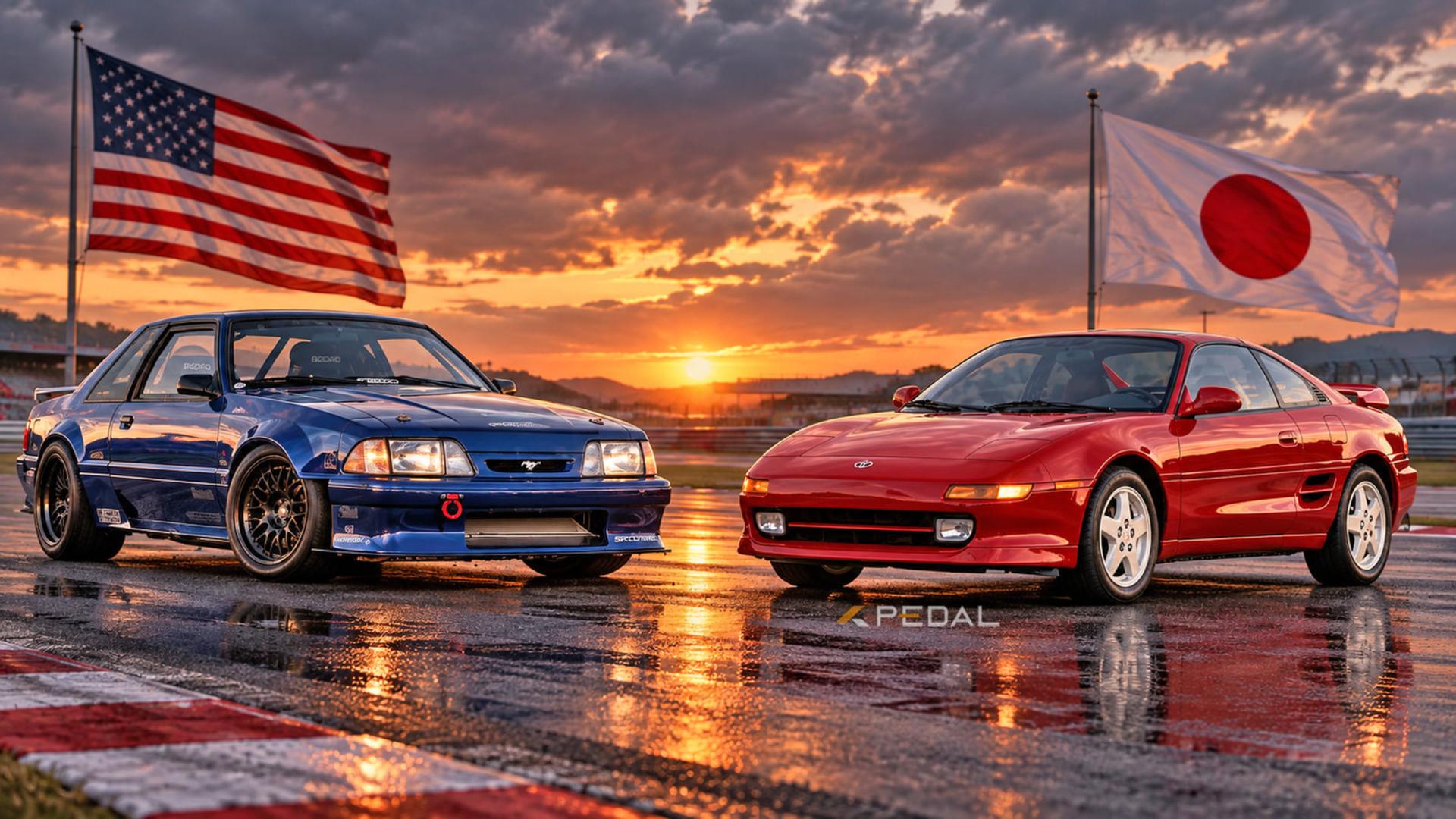 خودروهای تویوتا (Toyota) قرمز و فورد موستانگ (Ford Mustang) آبی در پیست مسابقه