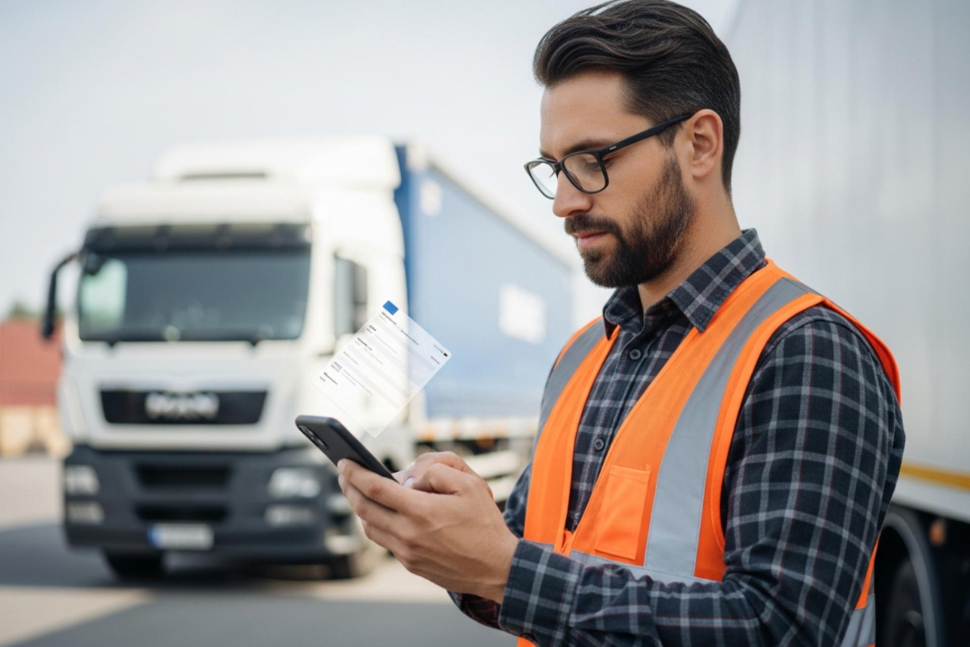 راننده کامیون در حال ثبت تحویل بار در اپلیکیشن