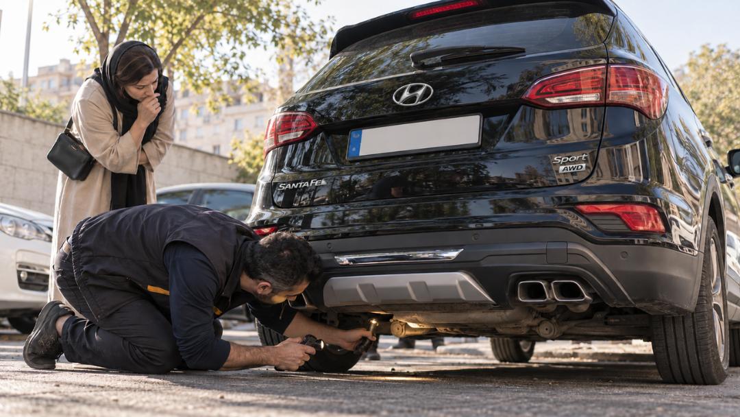 بازرسی فنی بخش زیرین خودروی هیوندای سانتافه (Hyundai Santa Fe) توسط کارشناس