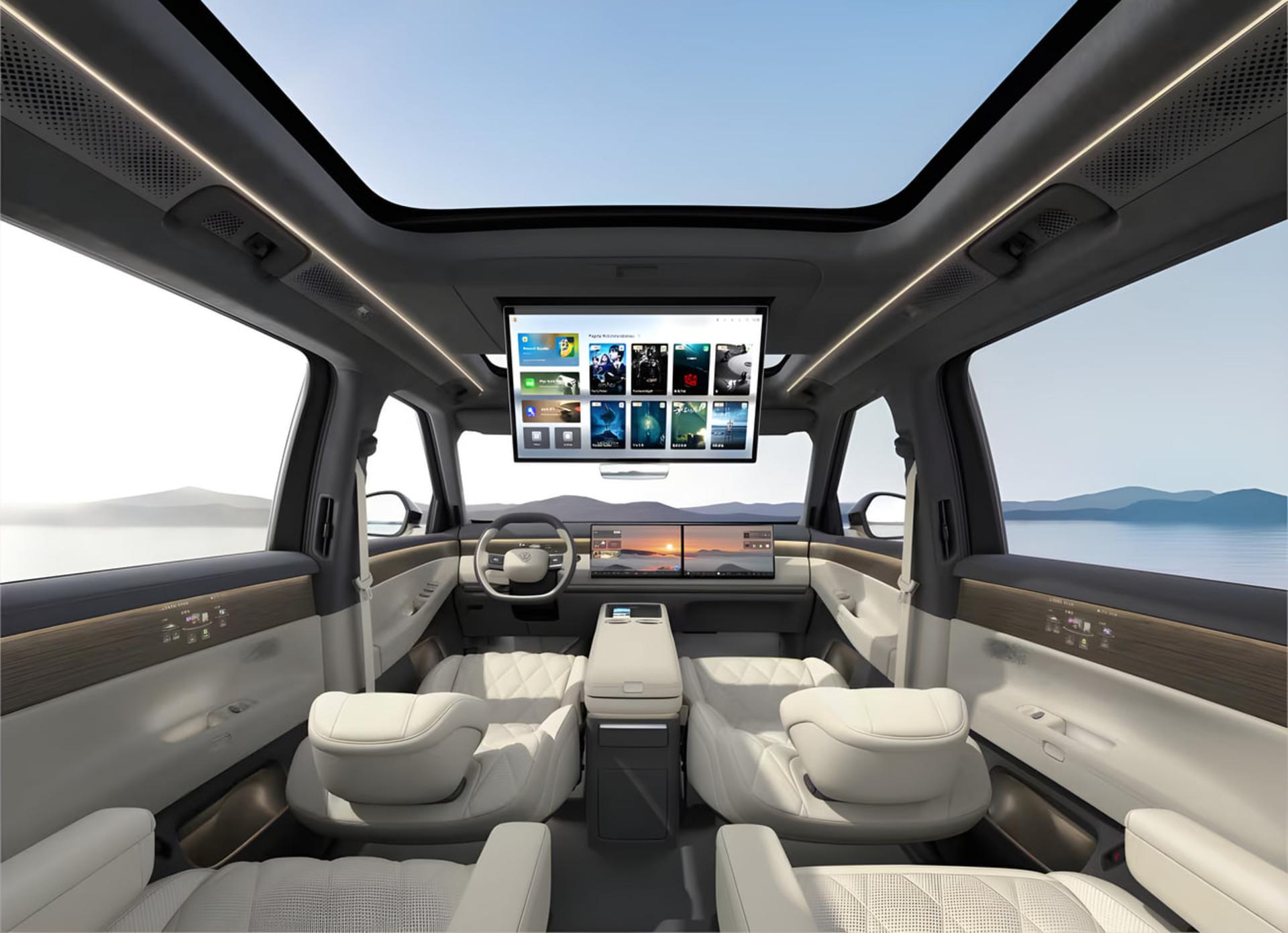کابین مدرن و لوکس خودروی فولکس‌واگن (Volkswagen) ID.ERA 9X با سقف پانوراما