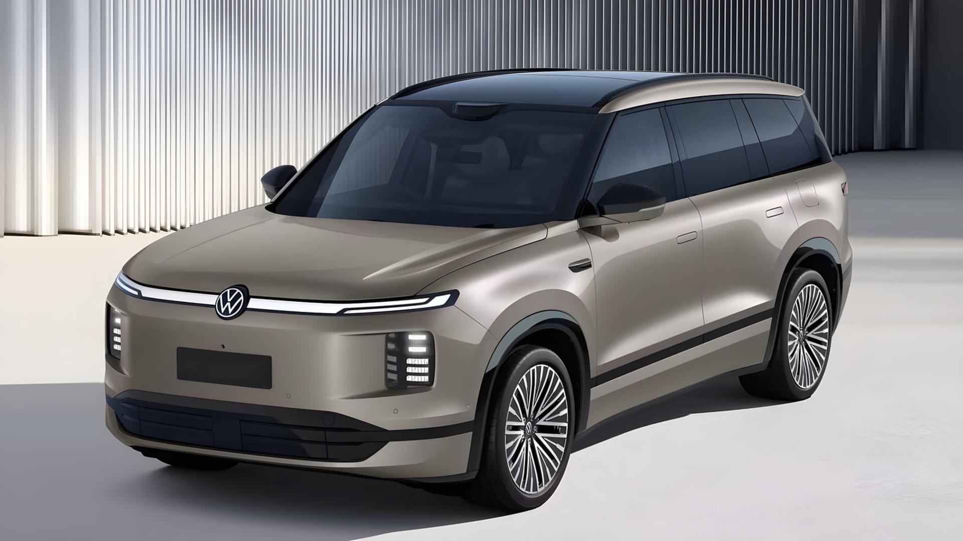 خودرو فولکس‌واگن (Volkswagen) مدل ID.ERA 9X با رنگ بژ در فضای استودیویی