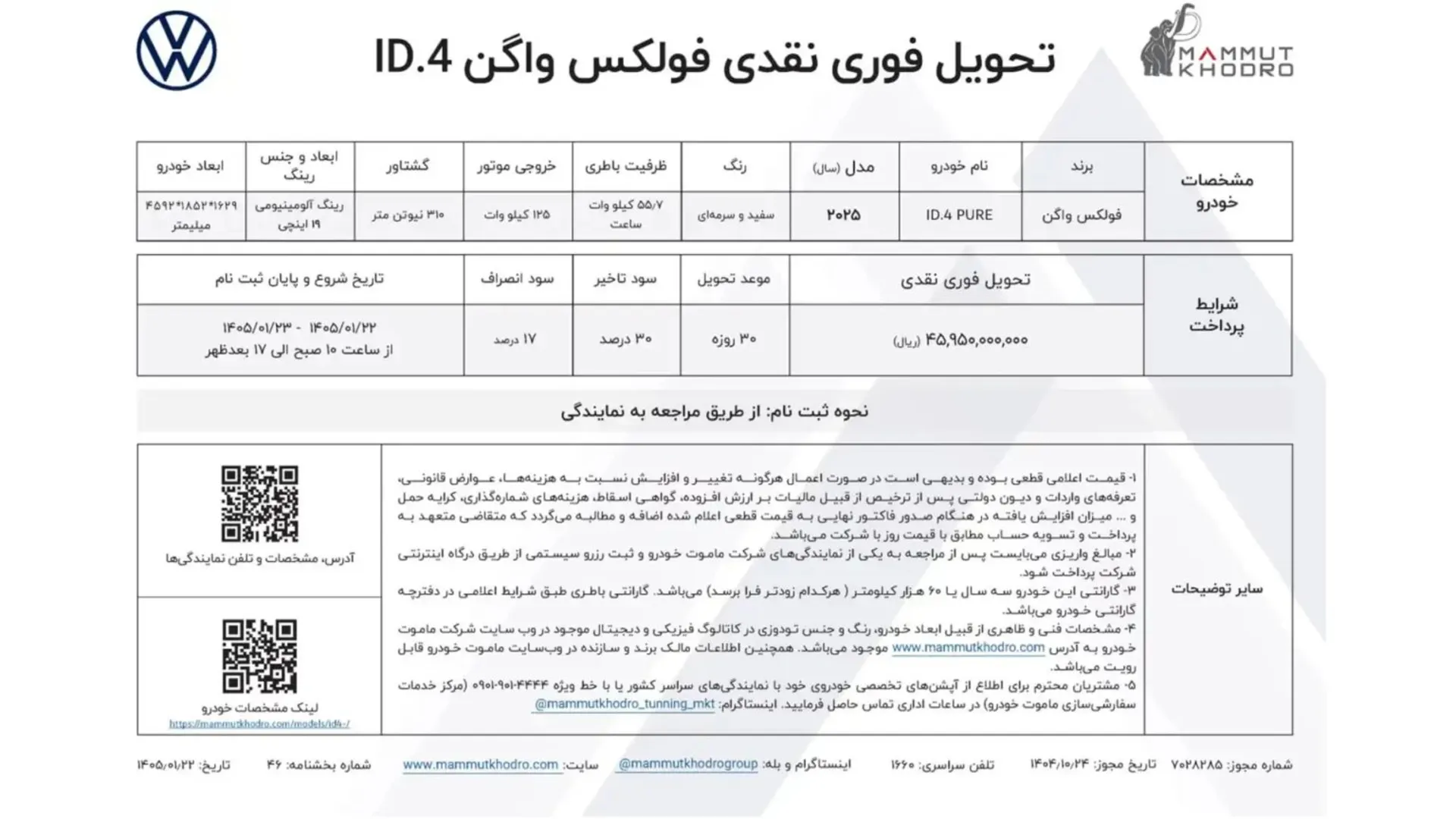 شرایط فروش فولکس ID4 فروردین 1405