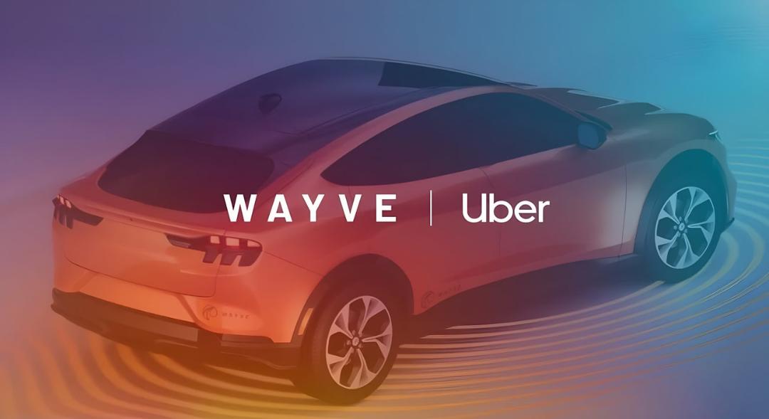 خودروی ربات‌تاکسی (Robotaxi) با لوگوی Wayve و Uber در پس‌زمینه‌ای رنگی