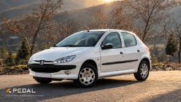 خودرو پژو ۲۰۶ (Peugeot 206) سفید در جاده‌ای کوهستانی