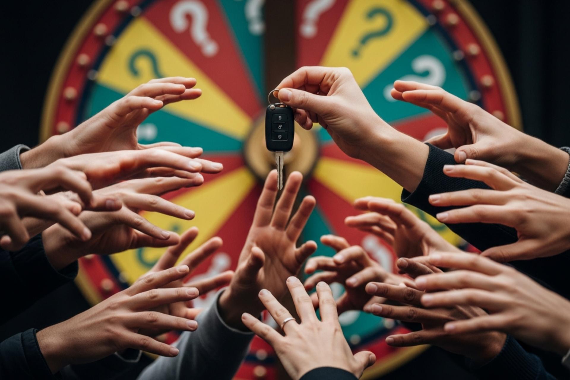 دست‌های زیاد دراز شده به سمت کلید خودروی برنده لاتاری