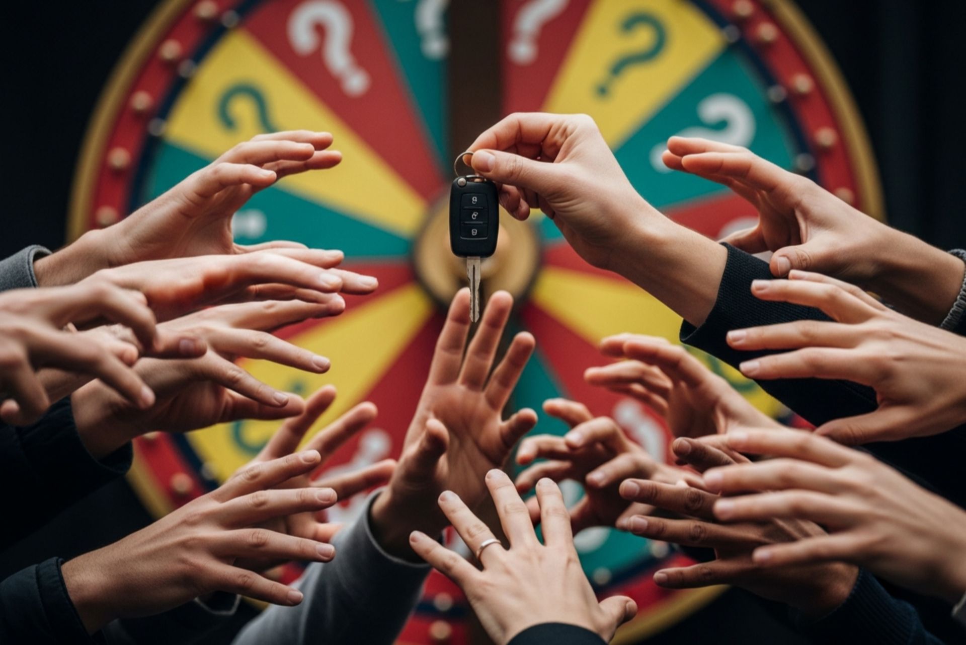 دست‌های زیاد دراز شده به سمت کلید خودروی برنده لاتاری