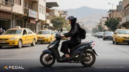 موتورسوار زن با کلاه ایمنی در حال رانندگی با اسکوتر در خیابان شهری