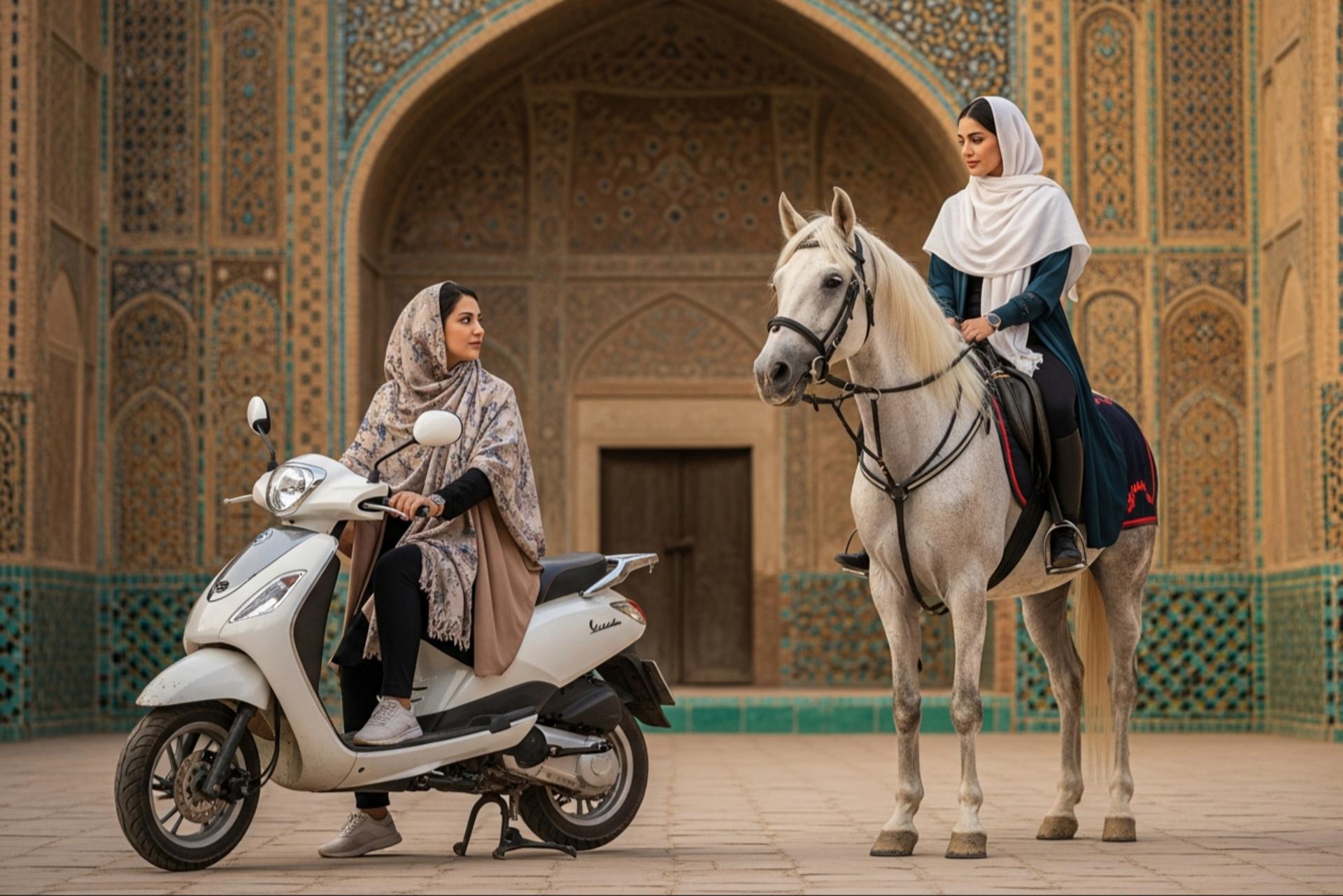 بانوی موتورسوار در حال تردد در ترافیک شهری