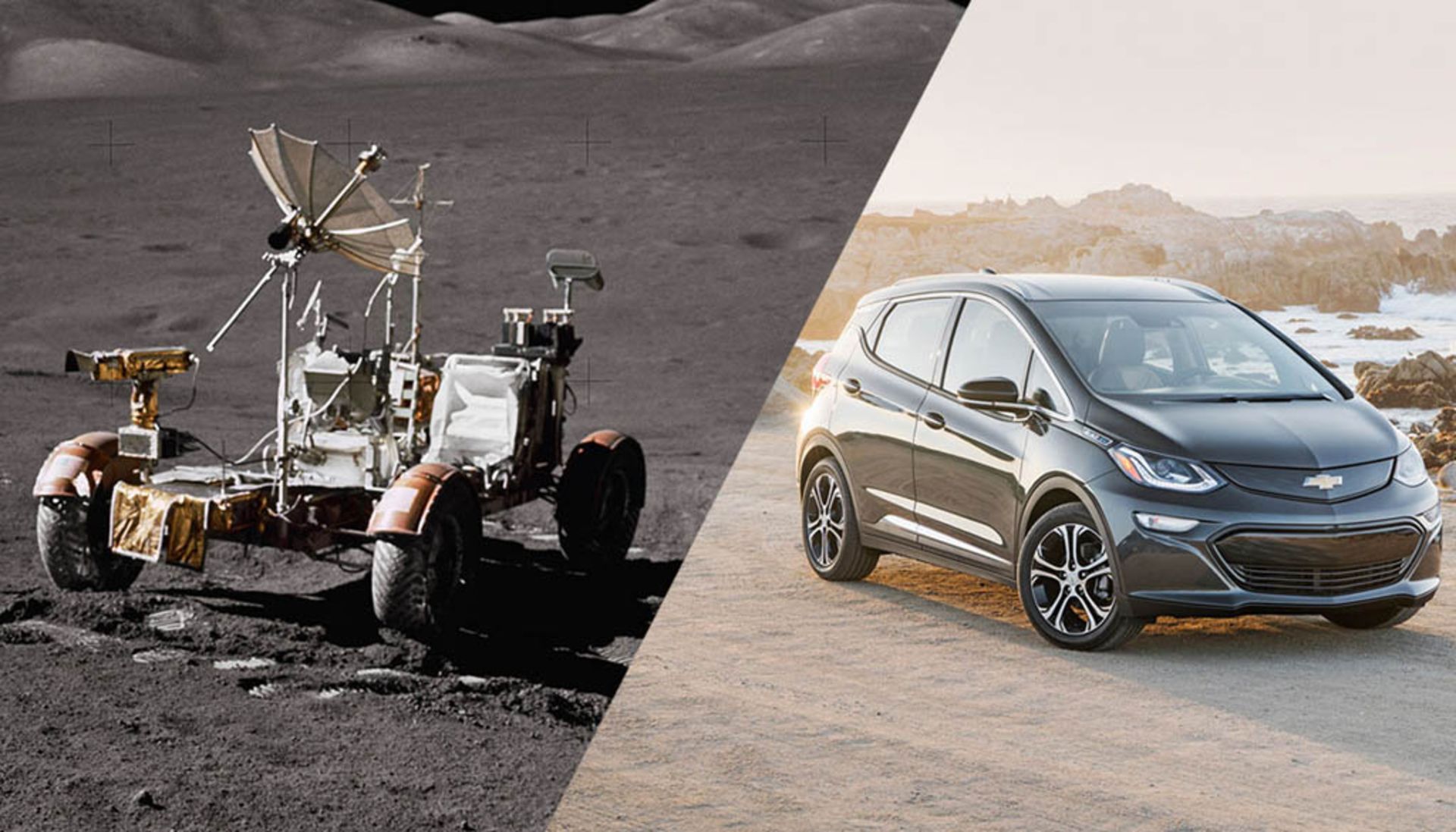2017 Bolt EV alongside a view of the Apollo 17 Lunar Rover Vehic