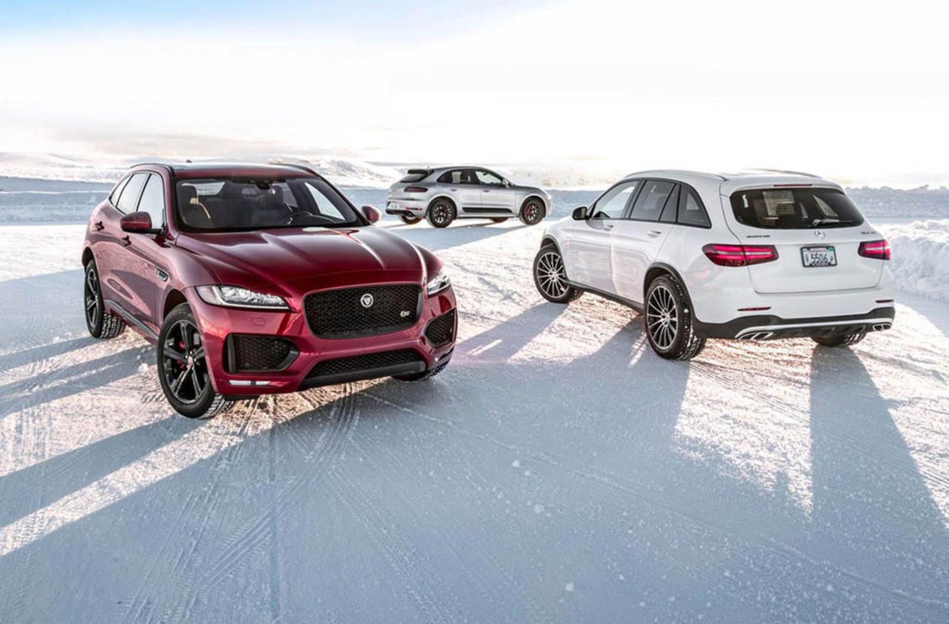 Jaguar-F-Pace-S-AWD-Mercedes-AMG-GLC43-4Matic-Porsche-Macan-GTS-front-rear-three-quarter
