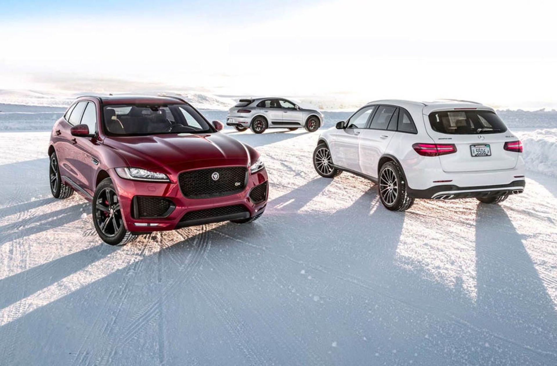Jaguar-F-Pace-S-AWD-Mercedes-AMG-GLC43-4Matic-Porsche-Macan-GTS-front-rear-three-quarter