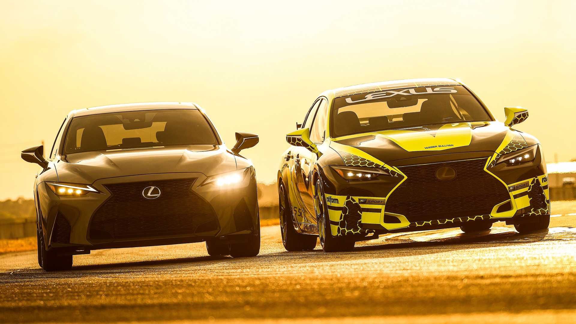 lexus-is-500-f-sport-performance-launch-edition-on-track-with-race-car-front-cornering