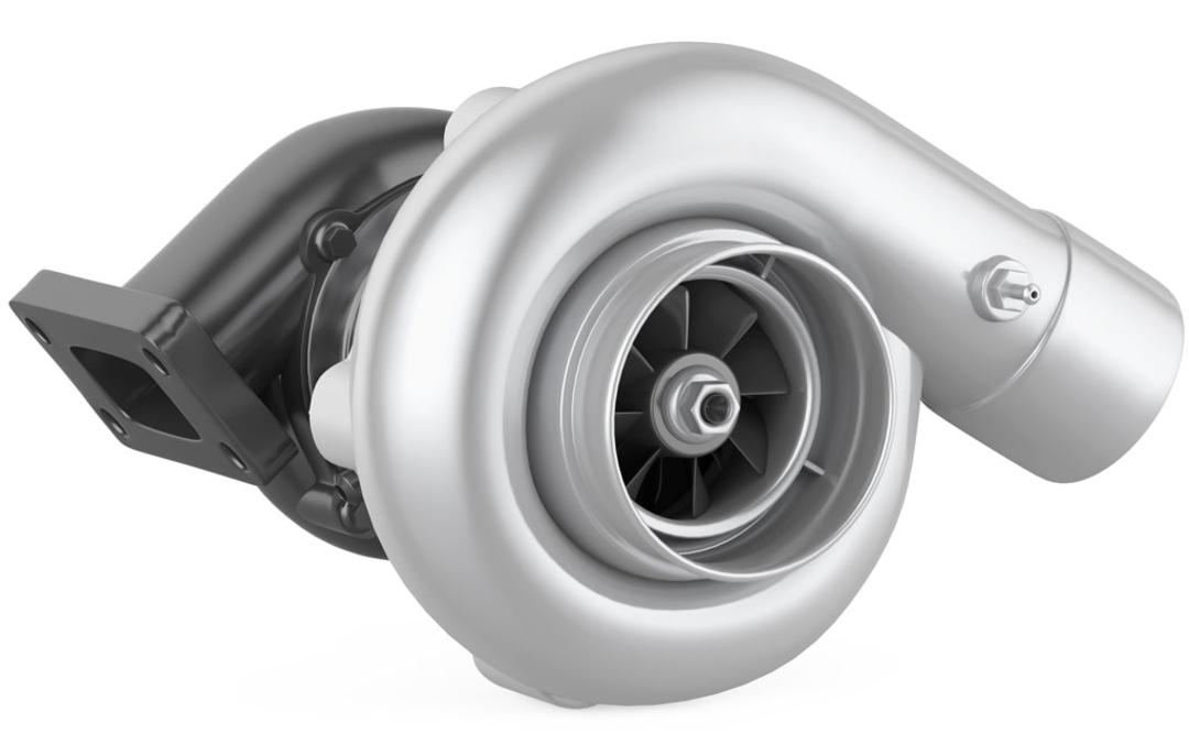 توربوشارژر (Turbocharger) موتور خودرو با بدنه فلزی نقره‌ای و مشکی