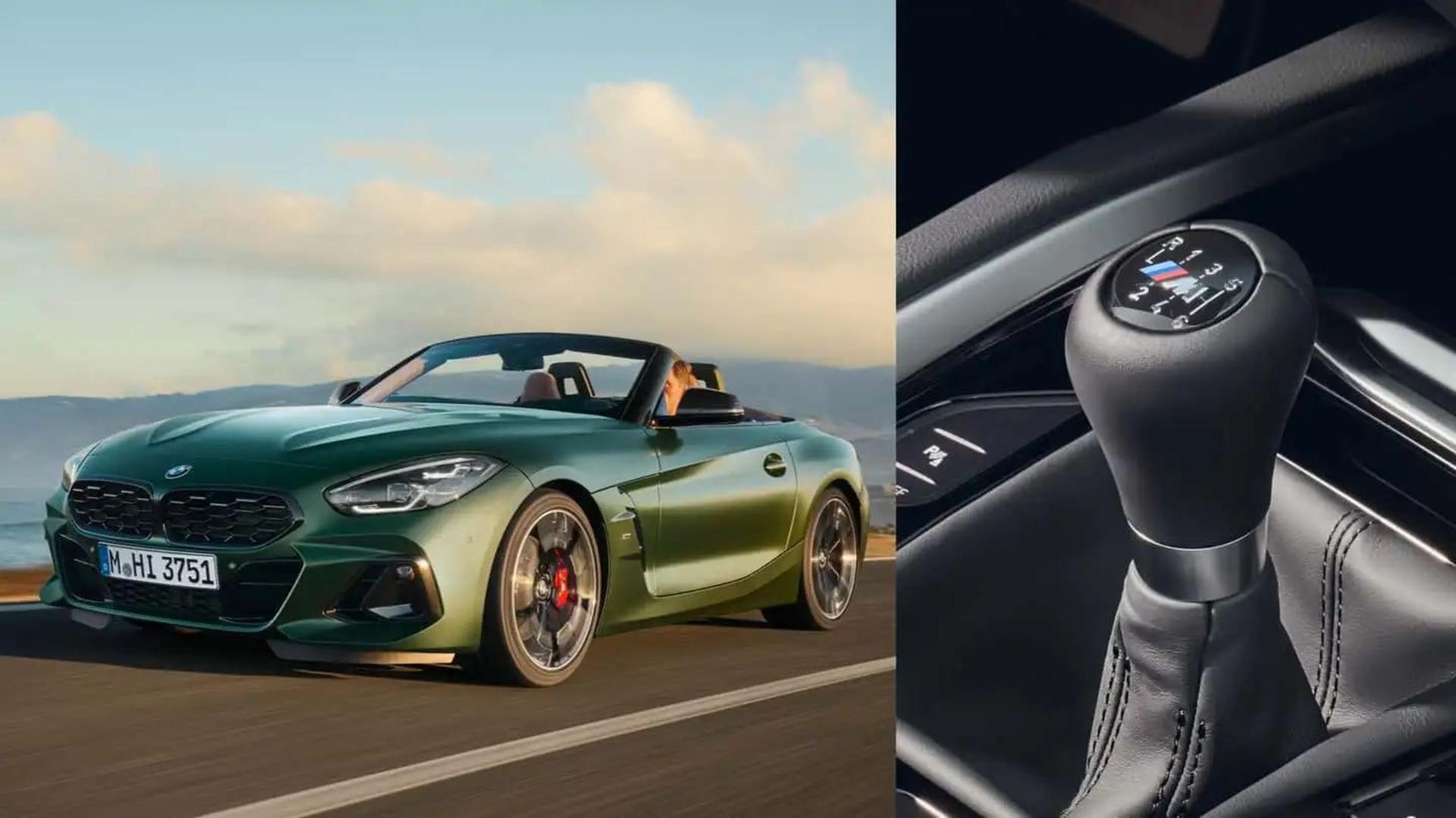 2025-bmw-z4-m40i-exterior-front-three-quarter-alongside-closeup-of-six-speed-manual-shifter
